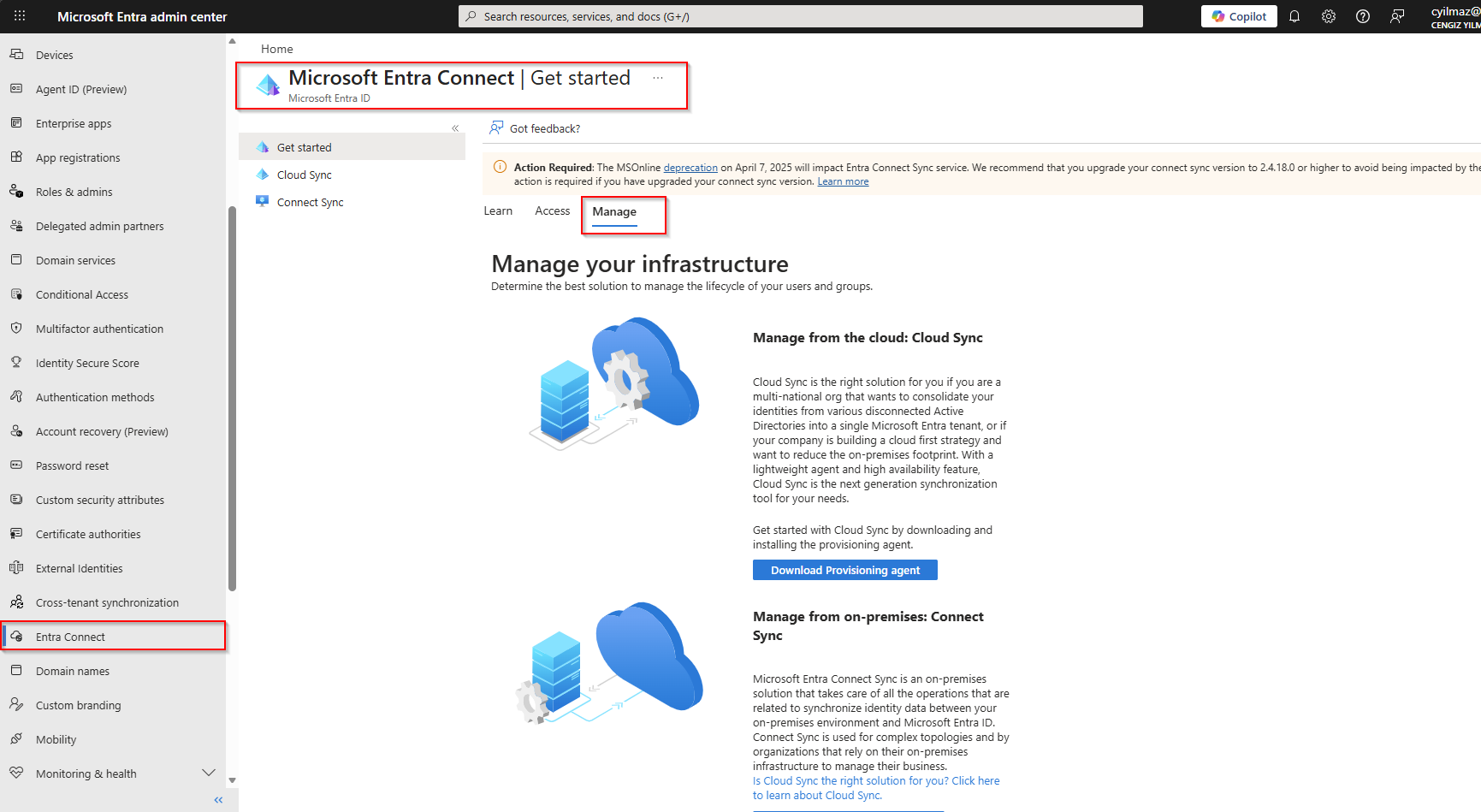 Entra ID Connect Sync İndirme Ekranı
