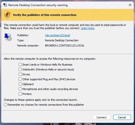 RDP Bağlantısında Verify Publisher Diyalogu