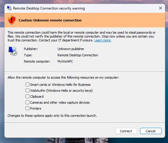 RDP Bağlantısında Unknown publisher Diyalogu